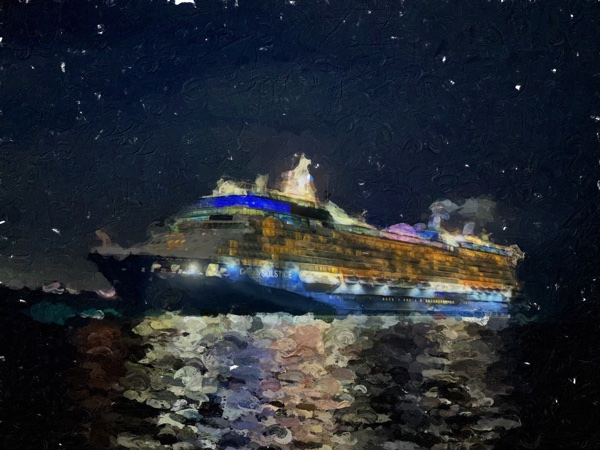 Radiant: an illuminated cruise ship with textured brushwork and shimmering reflections