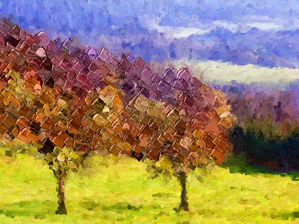 Tree Petal: golden and purple trees with raised petal strokes beneath a lavender sky