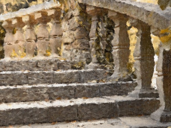 Aged Paint: painted stone steps and columns with fine cracks, worn paint, and canvas texture