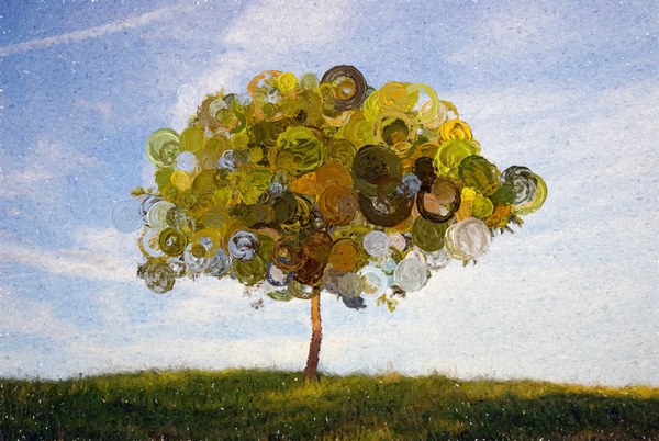 Bokeh: a tree canopy painted with rounded dabs of gold and green