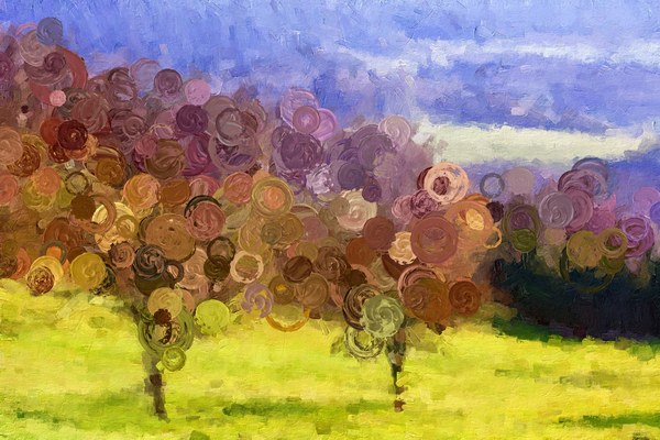 Bokeh 2: colorful trees formed from circular paint strokes beneath a lavender sky