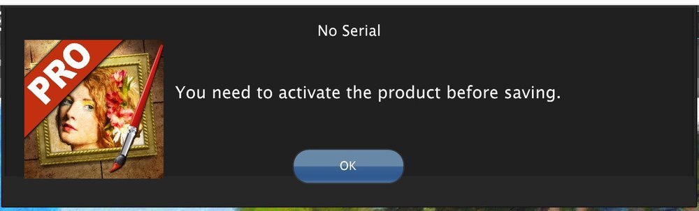 The website edition prompts for activation before saving an image if it is not registered.