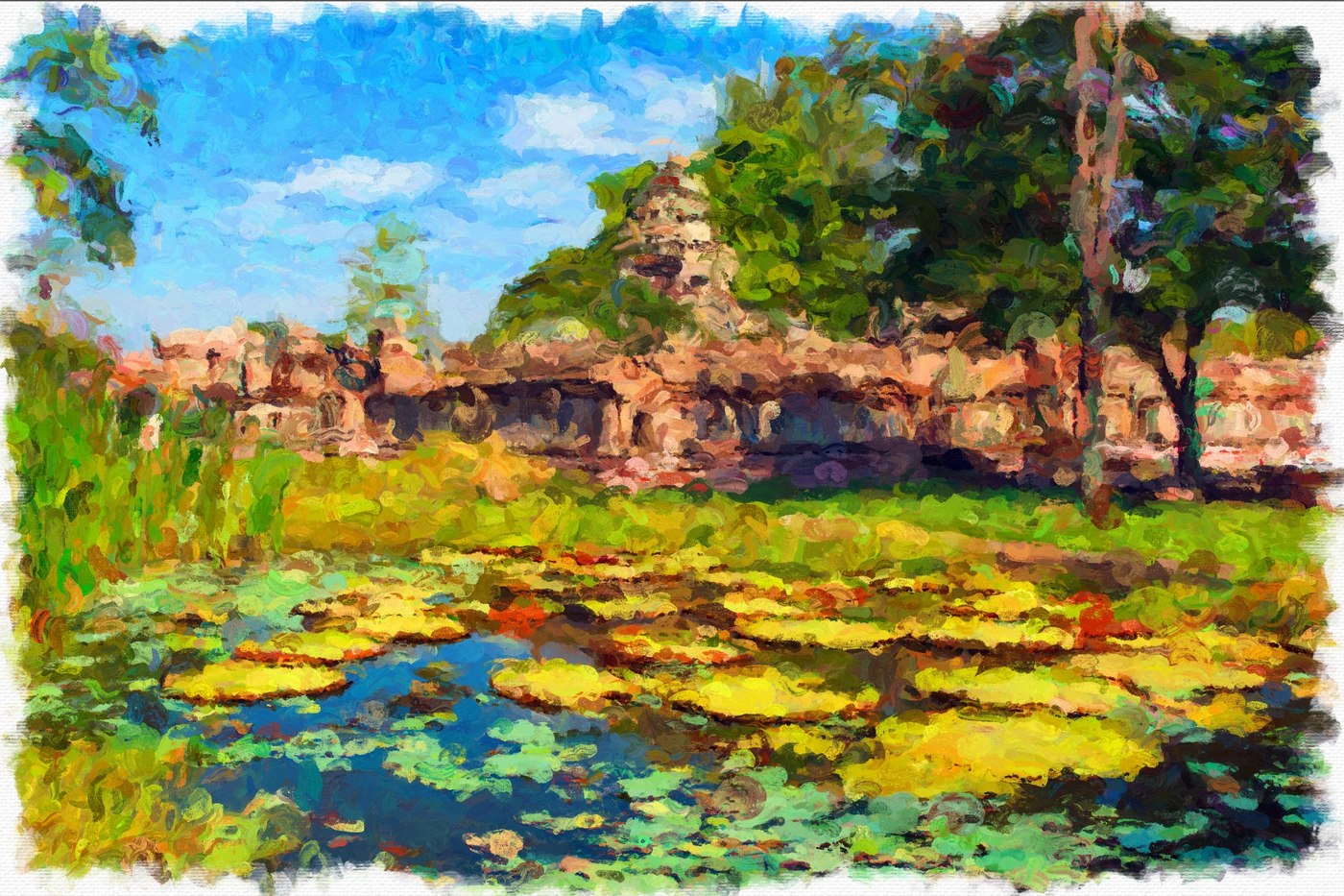 A colorful brush painting of a temple and water garden created in Impresso Studio