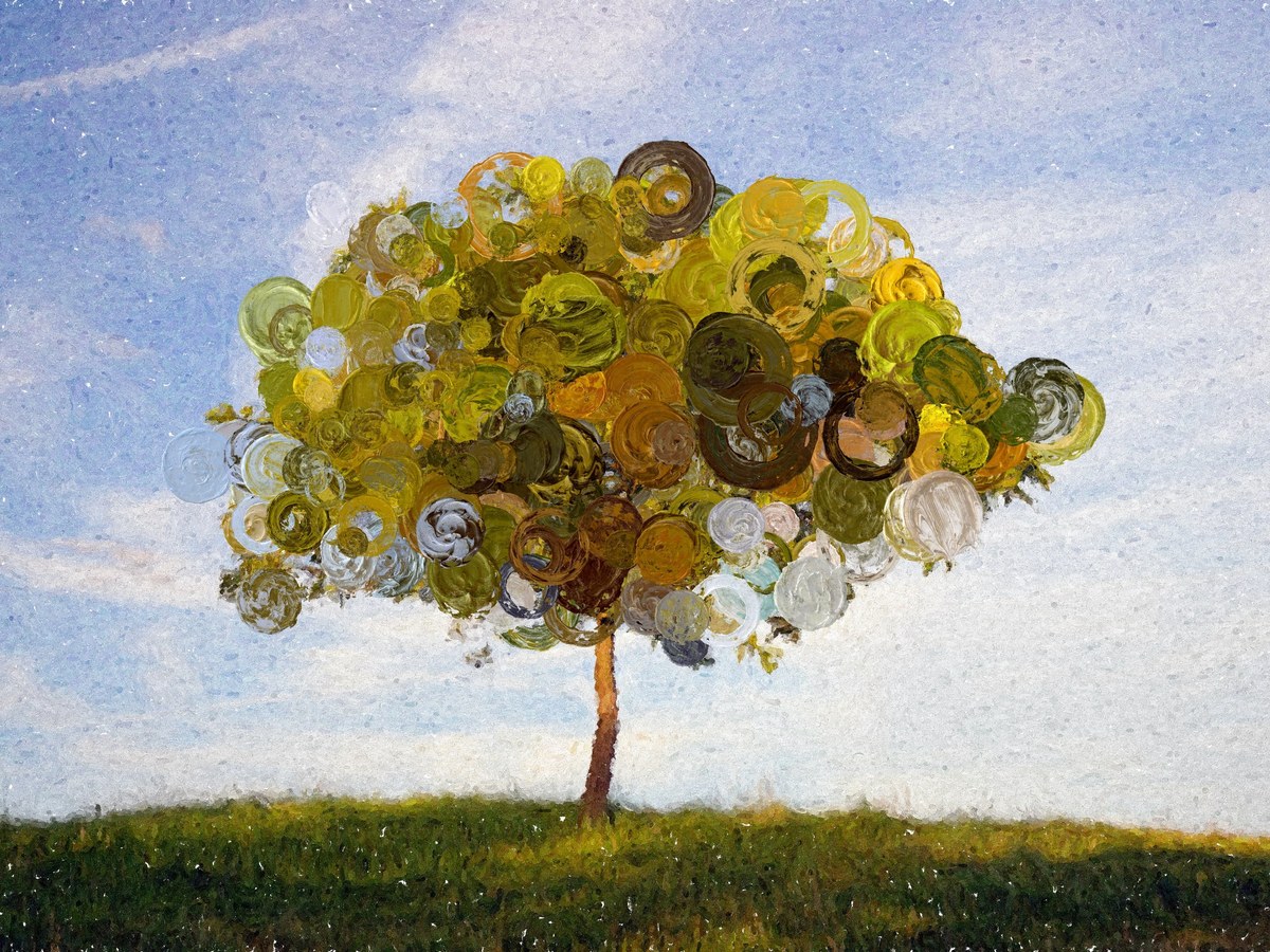 A golden tree canopy formed from circular paint strokes with raised Bokeh Impasto texture