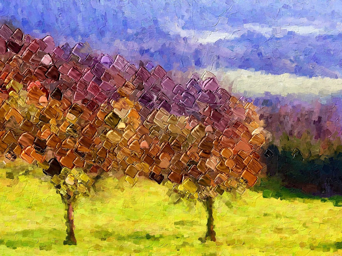 Autumn trees formed from raised golden and purple Petal Stroke brush marks
