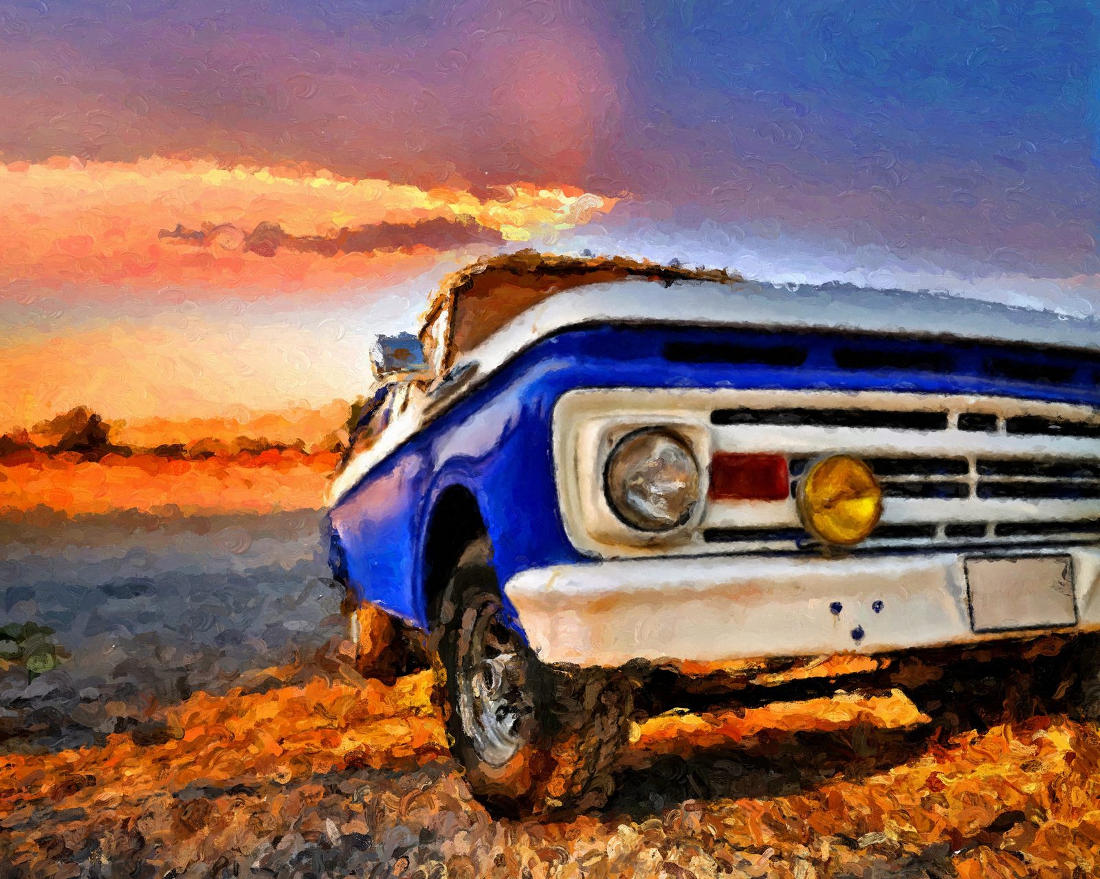 A vintage blue truck painted against a glowing sunset with Impresso Studio