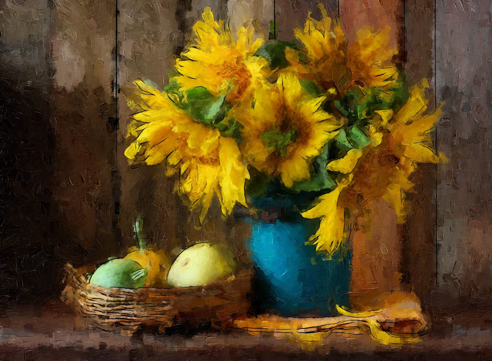 Golden sunflowers in a blue vase, painted with Impresso Studio