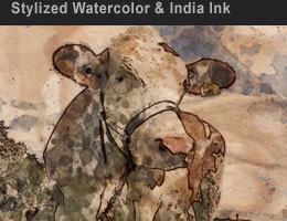 Photo Artista Haiku is a whimsical sylistic watercolor brushed abstractly to aged or artistic paper then outlined in India Ink.